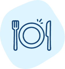 Icon of dinner plate, fork and knife.